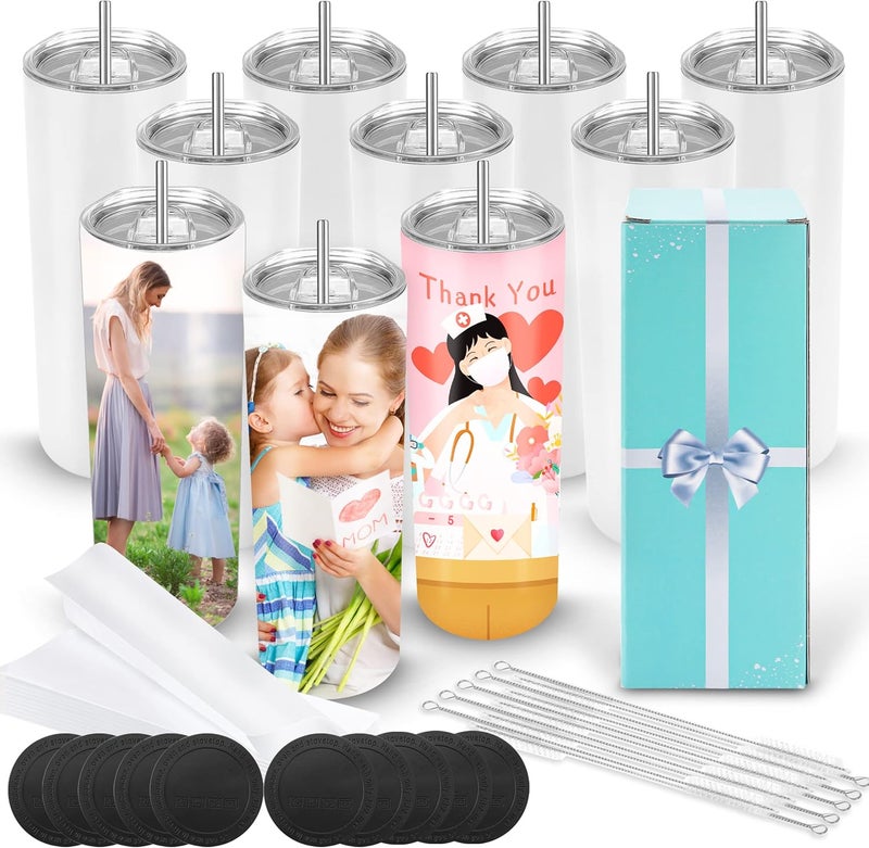 DS 10 Pack Sublimation Tumblers Bulk 20 oz Skinny Straight Flat Bottom Blank Tumbler Cups with Individual Gift Boxed for Heat Transfer DIY Craft - Image 1